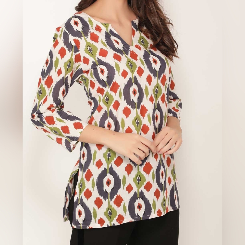 Tropical Print Geometric Cotton Tunic Top